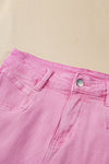 Pink Frayed Edge Mid Rise Denim Shorts-Bottoms-MomFashion