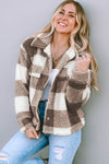 Khaki Plaid Sherpa Buttoned Flap Pocket Shacket-Outerwear-MomFashion