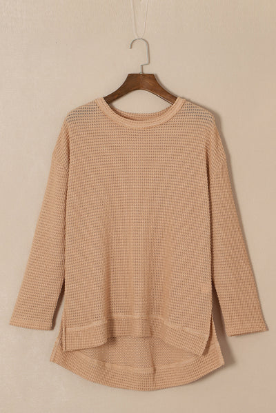 Khaki Waffle Knit High Slits Oversized Top-Tops-MomFashion