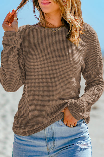 Dark Brown Waffle Knit Drop Shoulder Long Sleeve Top-Tops-MomFashion