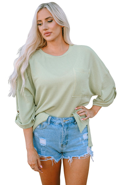 Green Ribbed Roll-tab Sleeve Chest Pocket Oversize Top-Tops-MomFashion