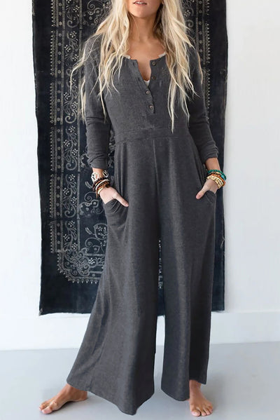 Gray Button Long Sleeve Wide Leg Jumpsuit-Bottoms-MomFashion