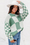 Mint Green Checkered Print Drop Shoulder Sweater-Tops-MomFashion