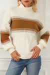 White Printed Patchwork Turtle Neck Knitted Sweater-Tops-MomFashion