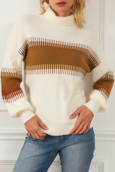 White Printed Patchwork Turtle Neck Knitted Sweater-Tops-MomFashion