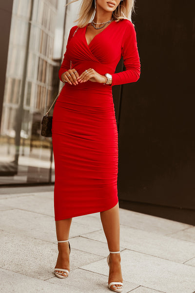 Fiery Red Long Sleeves Wrap V Neck Ruched Sheath Bodycon Dress-Dresses-MomFashion