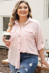 Pink Flap Pocket Tab Sleeve Button-Down Plus Size Shirt-Plus Size-MomFashion