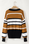 Brown Stripe Contrast Stripes V Neck Textured Knit Sweater-Tops-MomFashion