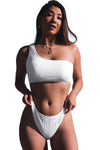 White Crinkle Textured Asymmetric One Shoulder Bikini Swimsuit-Swimwear-MomFashion