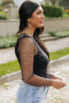 Black Rhinestone Mesh Long Sleeve Top-Tops-MomFashion