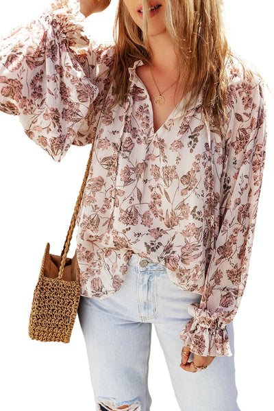 Boho Floral Print Split V Neck Bubble Sleeve Blouse-Tops-MomFashion