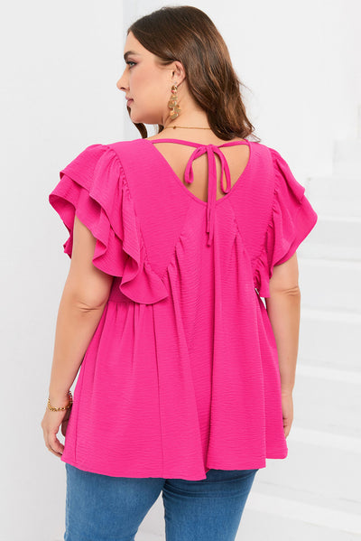 Plus Size Ruffle V Neck Tie Back Tunic Top-Plus Size-MomFashion