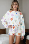 White Floral Long Sleeve Henley Top and Drawstring Shorts Set-Loungewear-MomFashion