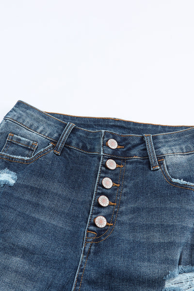 Blue Distressed Button Fly High Waist Skinny Jeans-Bottoms-MomFashion