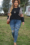 Black Leopard Sequin Patch Plus Size Long Sleeve Top-Plus Size-MomFashion