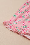 Pink Christmas Candy Cane Print Pocketed Knotted Pajama Set-Loungewear & Sleepwear/Sleepwear-MomFashion