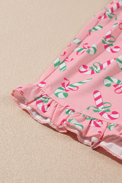 Pink Christmas Candy Cane Print Pocketed Knotted Pajama Set-Loungewear & Sleepwear/Sleepwear-MomFashion