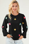 Black Floral Embroidered Puff Sleeve Top-Tops-MomFashion