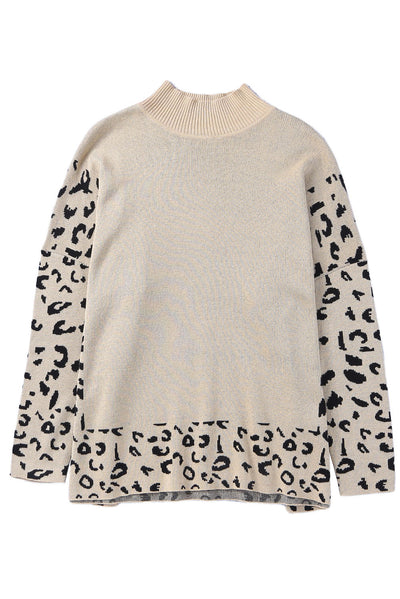 Khaki Leopard High Neck Side Slit Oversized Sweater-Tops-MomFashion