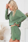 Green Fleece Two-piece Cropped Pullover and Shorts Set-Loungewear-MomFashion