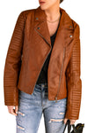 Brown Ribbed Seam Detail Faux Leather Zipped Motorcycle Jacket-Outerwear-MomFashion