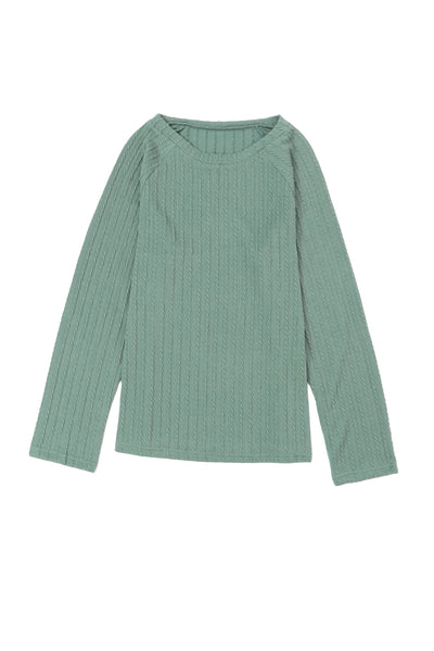 Green Ribbed Round Neck Knit Long Sleeve Top-Tops-MomFashion