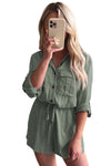 Jungle Green Roll up Sleeve Flap Pockets Drawstring Playsuit-Bottoms-MomFashion