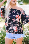 Blue Ruffle Off Shoulder Flounce Sleeve Floral Blouse-Tops-MomFashion