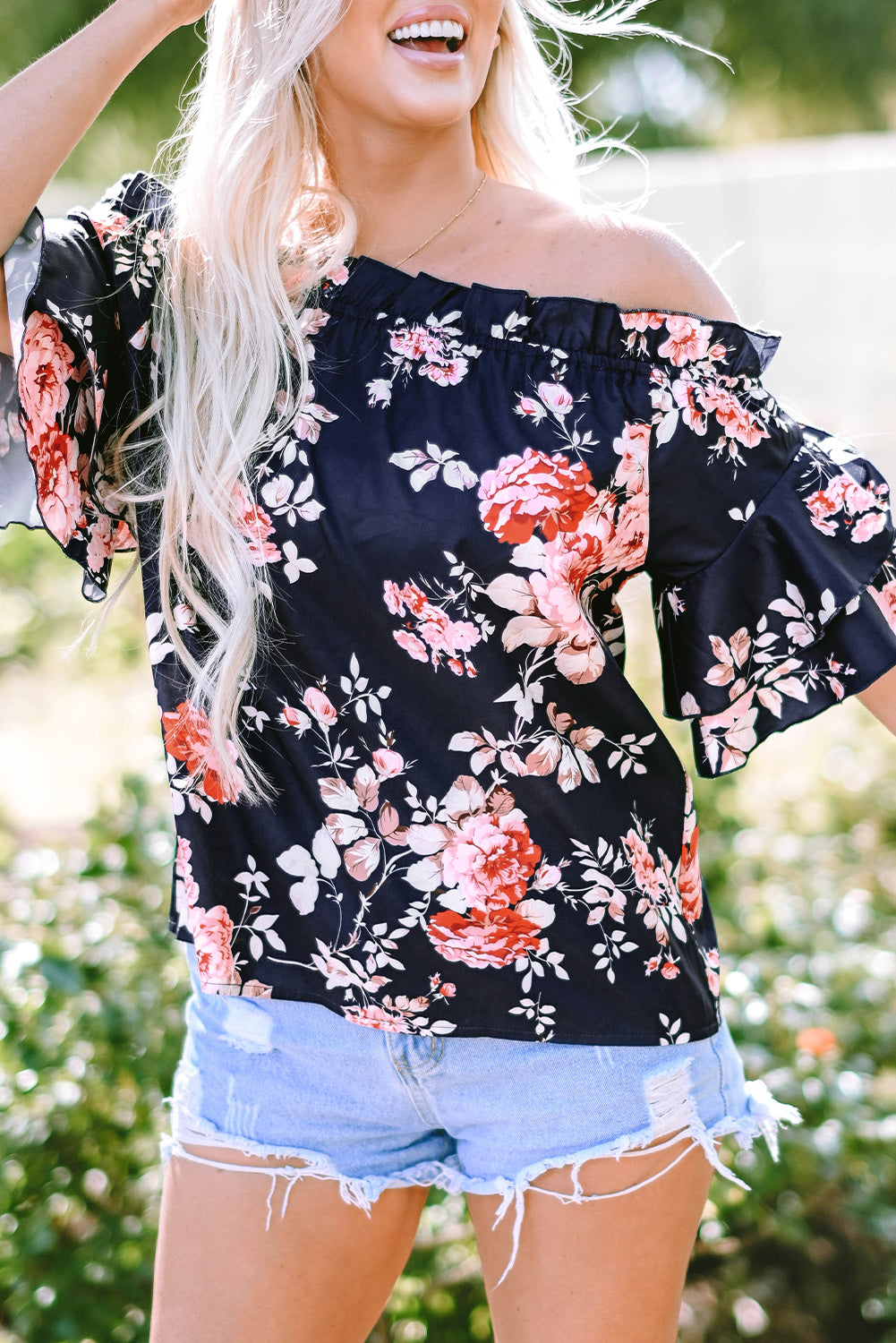 Blue Ruffle Off Shoulder Flounce Sleeve Floral Blouse-Tops-MomFashion