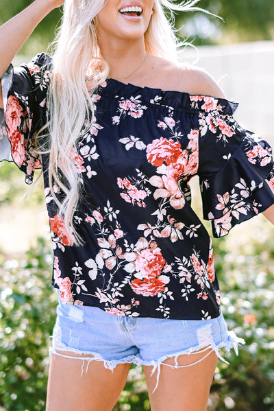 Blue Ruffle Off Shoulder Flounce Sleeve Floral Blouse-Tops-MomFashion