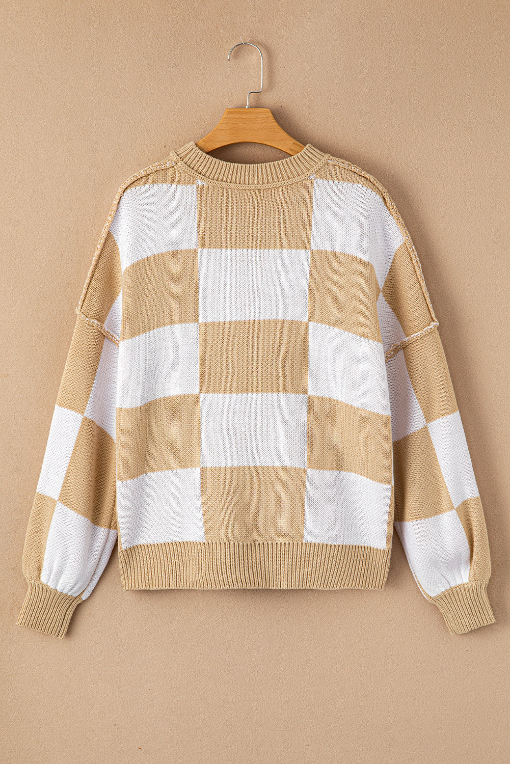 Khaki Checkered Bishop Sleeve Sweater-Tops-MomFashion
