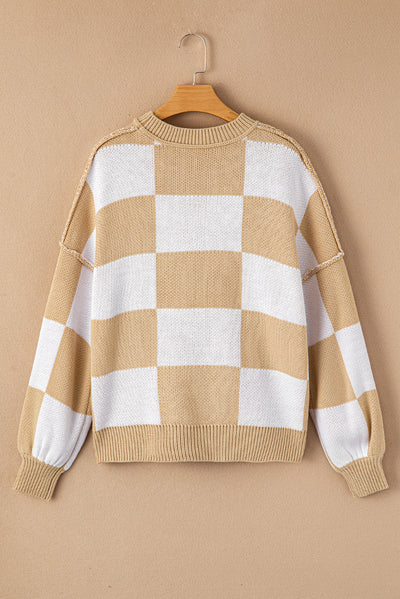 Khaki Checkered Bishop Sleeve Sweater-Tops-MomFashion