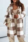 Brown Plaid Lapel Collar Long Open Front Coat-Outerwear-MomFashion