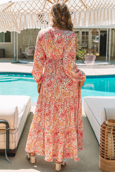 Orange Boho Holiday Paisley Print Tiered Long Sleeve Maxi Dress-Dresses-MomFashion