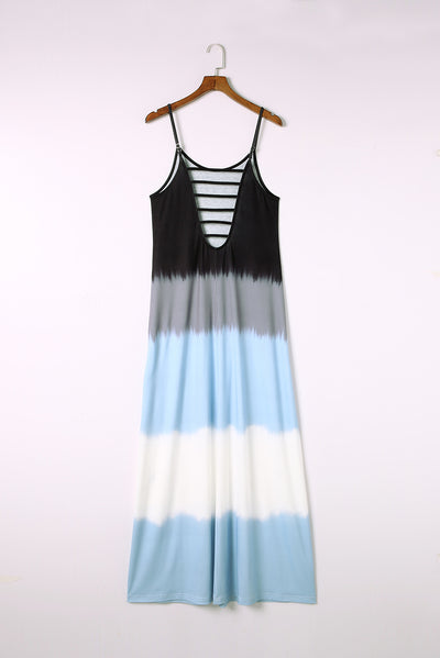 Sky Blue Spaghetti Strap Tie Dye Slit Maxi Dress-Dresses-MomFashion