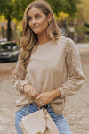 Light French Beige Lace Patch Sleeve Waffle Knit Top-Tops-MomFashion