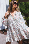 White Tassel Tie Split Neck Boho Floral Ruffle Dress-Dresses-MomFashion