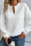 White Split Neck Quilted Long Sleeve Top-Tops-MomFashion