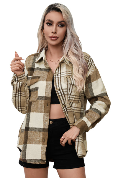 Parchment Contrast Plaid Patchwork Flap Pocket Shacket-Outerwear-MomFashion