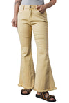 Khaki Raw Edge Mid Waist Flared Jeans-Bottoms-MomFashion