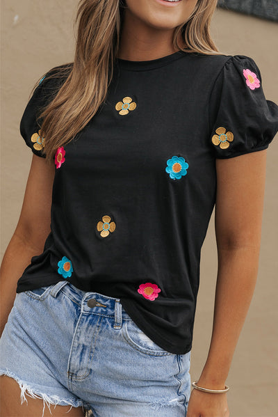 Black Embroidered Flower Short Puff Sleeve Tee-Tops-MomFashion