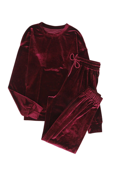 Fiery Red Solid Velvet Two Piece Lounge Set-Loungewear-MomFashion