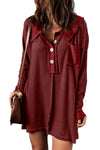 Red Waffle Knit Buttoned Long Sleeve Top-Tops-MomFashion