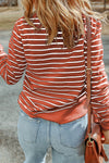 Red Striped Print Ribbed Trim Long Sleeve Top-Tops-MomFashion