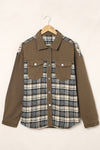 Brown Plaid Patchwork Pockets Denim Jacket-Outerwear-MomFashion