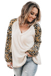 Beige Printed Plus Size Waffle Knit Contrast Leopard Long Sleeve Top-Plus Size-MomFashion