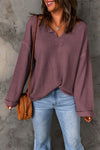 purple Waffle Knit Loose Long Sleeve Top-Tops-MomFashion