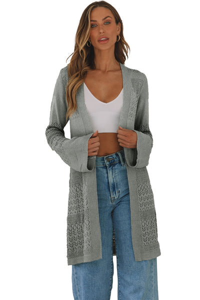 Gray Pointelle Knit Open Front Cardigan-Tops-MomFashion