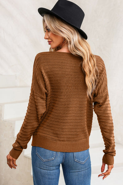 Brown Textured Knit Round Neck Dolman Sleeve Sweater-Tops-MomFashion