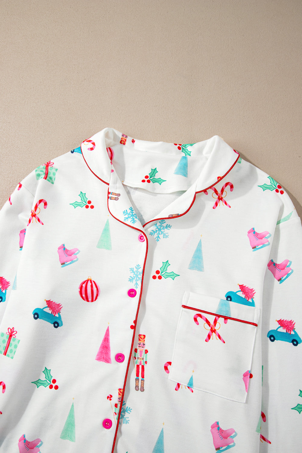 White Christmas Print Lapel Shirt and Pants Sleepwear-Loungewear & Sleepwear/Sleepwear-MomFashion